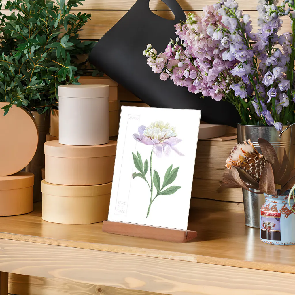 2Pcs L Shaped Sign Holder Stand Clear Acrylic Tabletop Display Stand Slanted Angle Visibility Wooden Base for Retail Menu