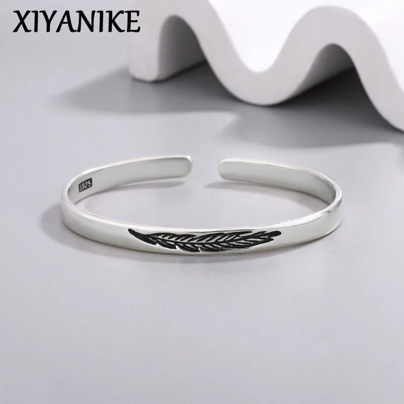 XIYANIKE Vintage Thai Silver Feather Cuff Bracelet For Women Girl Simple Fashion New Jewelry Party Ladies Gift pulseras mujer