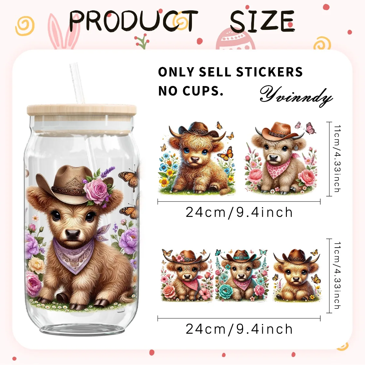 5PCS/Set Of 16OZ Easter Theme Cute Easter Little Cowboy Design UV DTF Film Transfer Paper Is Suitable For Cups Mugs (Only Cup)