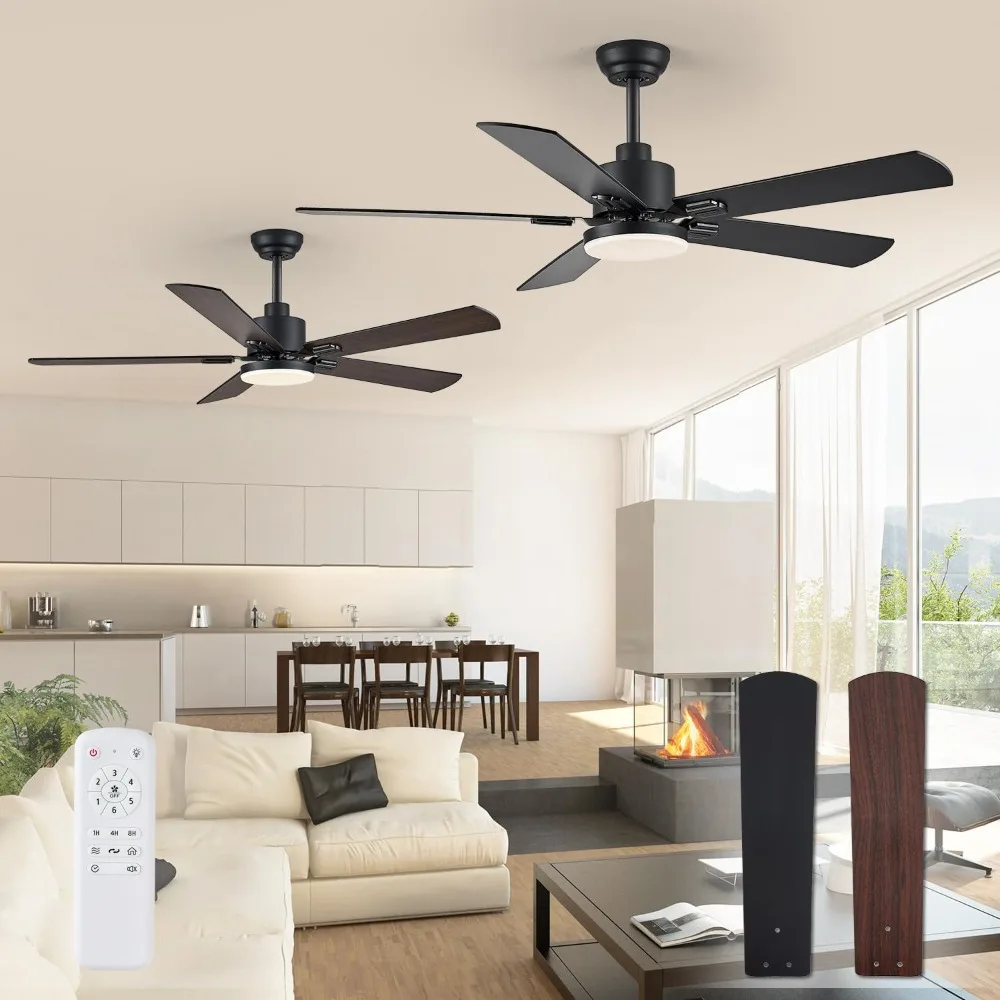 

2 Pack 52" Ceiling Fans with Lights, Black Modern Ceiling Fan with Remote, Farmhouse Indoor Ceiling Fan with Dual Finish Blades