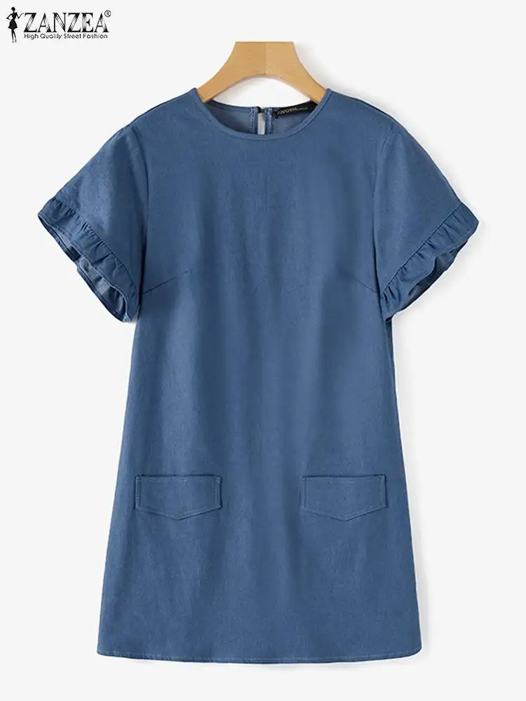 ZANZEA damska dżinsowa Mini sukienka moda letnia wzburzona sukienka letnia z krótkim rękawem Casual luźne sukienki z kieszeniami 2024 Vintage