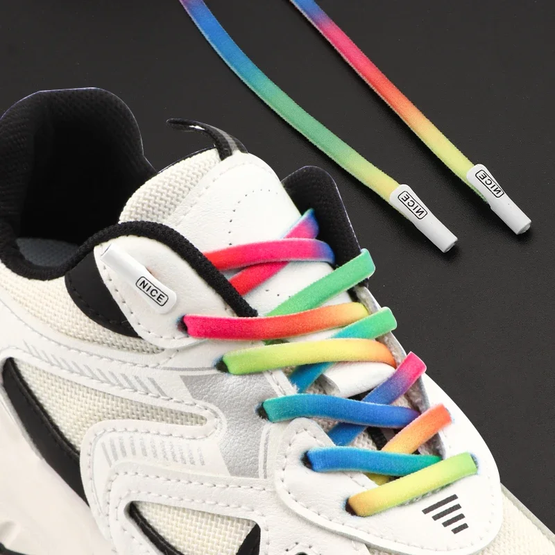 No Tie Flat Elastic Lazy Shoelaces Rainbow Gradient Stretch Shoe Strings with White Letter Lock for Sneakers Casual Footwear