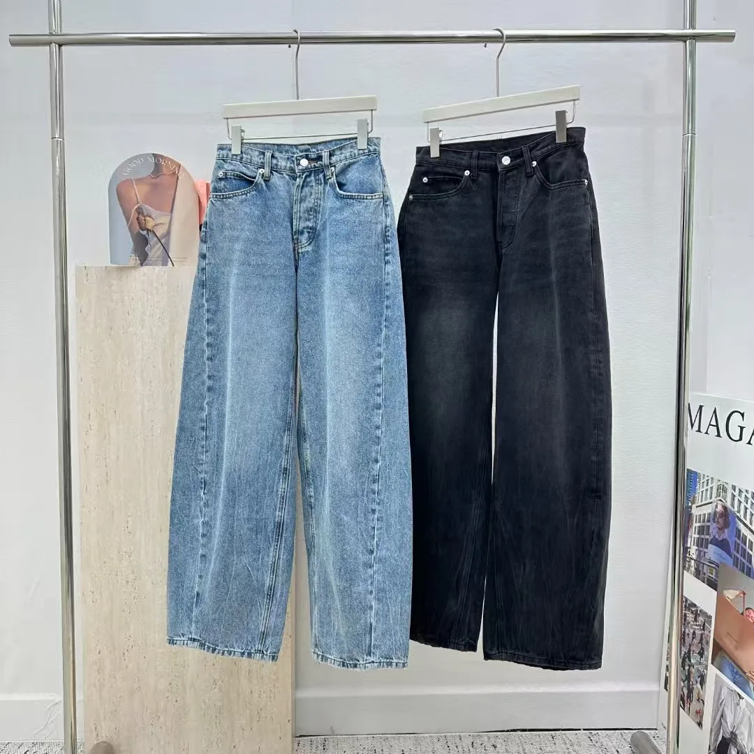 

Princ eenn Autumn Winter Blue Rhinestone Wide Leg Jeans Women's Curved Knife Long Pants l Waist ket Loose Fit