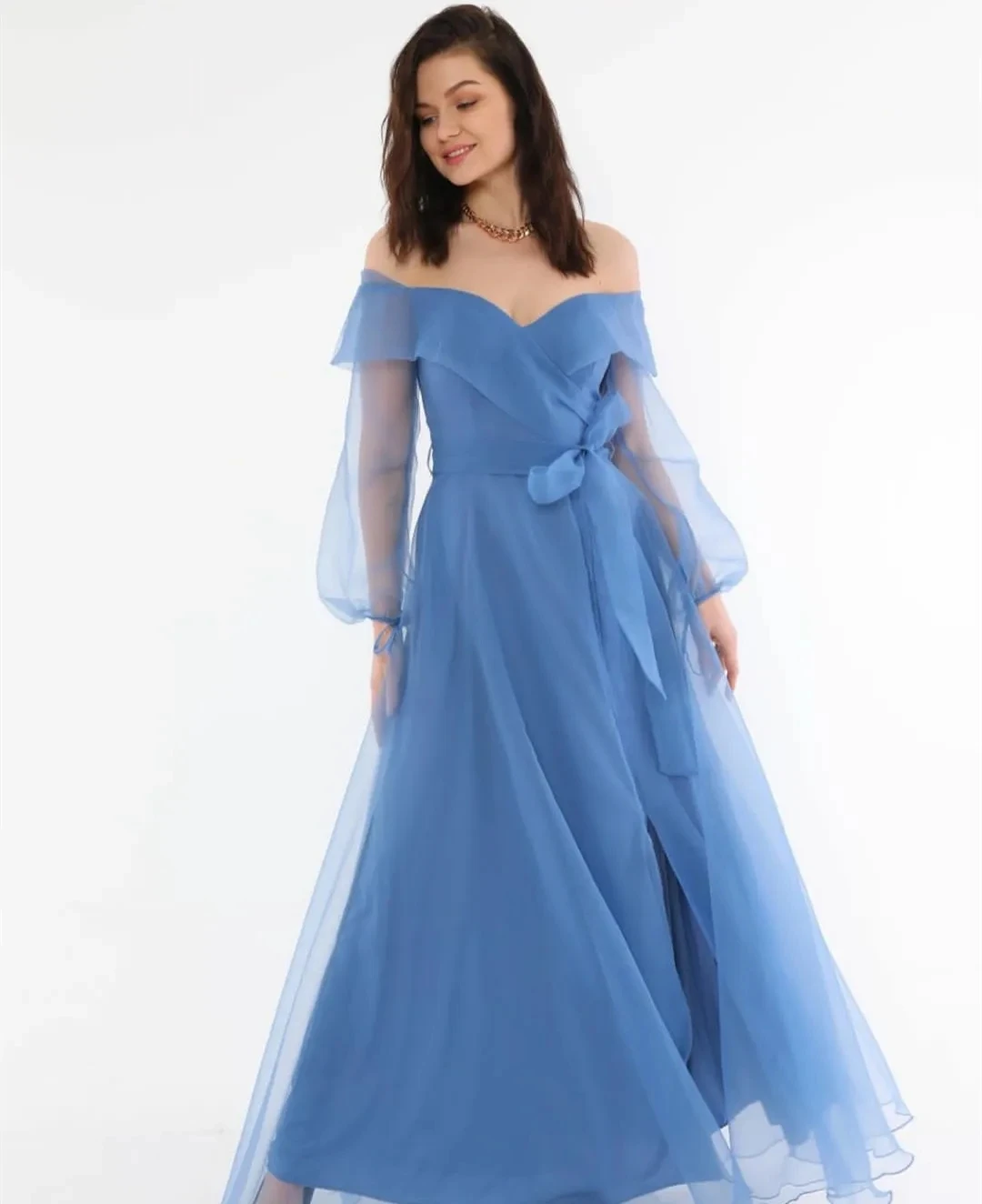 Vestidos de noche sin hombros con abertura lateral, vestido de fiesta azul de línea a, vestidos formales largos de Organza, largo hasta el suelo con lazo, vestidos de graduación