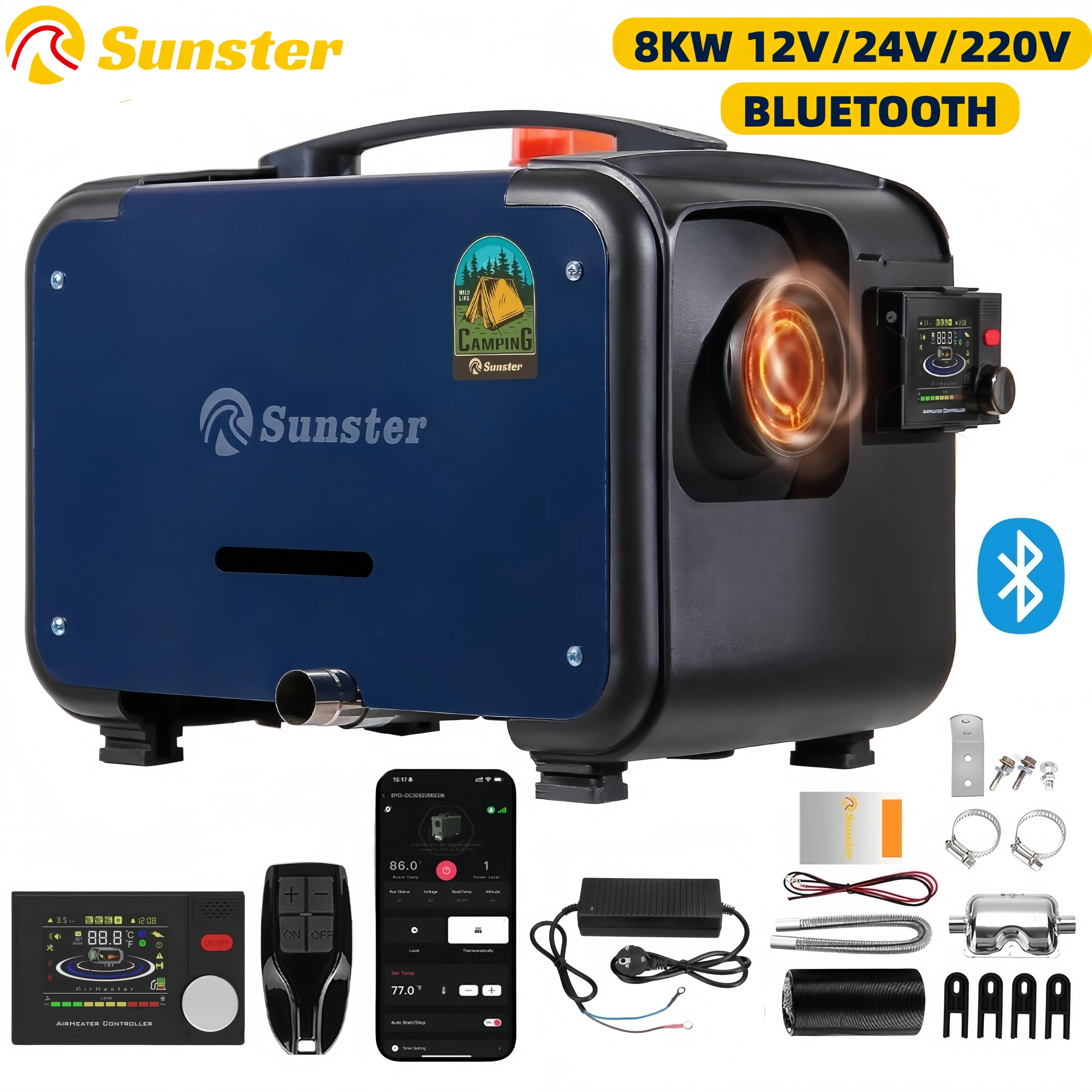 Sunster 8KW 12V e 24V e 110-240V Riscaldatore d'aria diesel portatile Controllo APP Riscaldatore di parcheggio notturno ultra silenzioso per tenda camper per auto camper