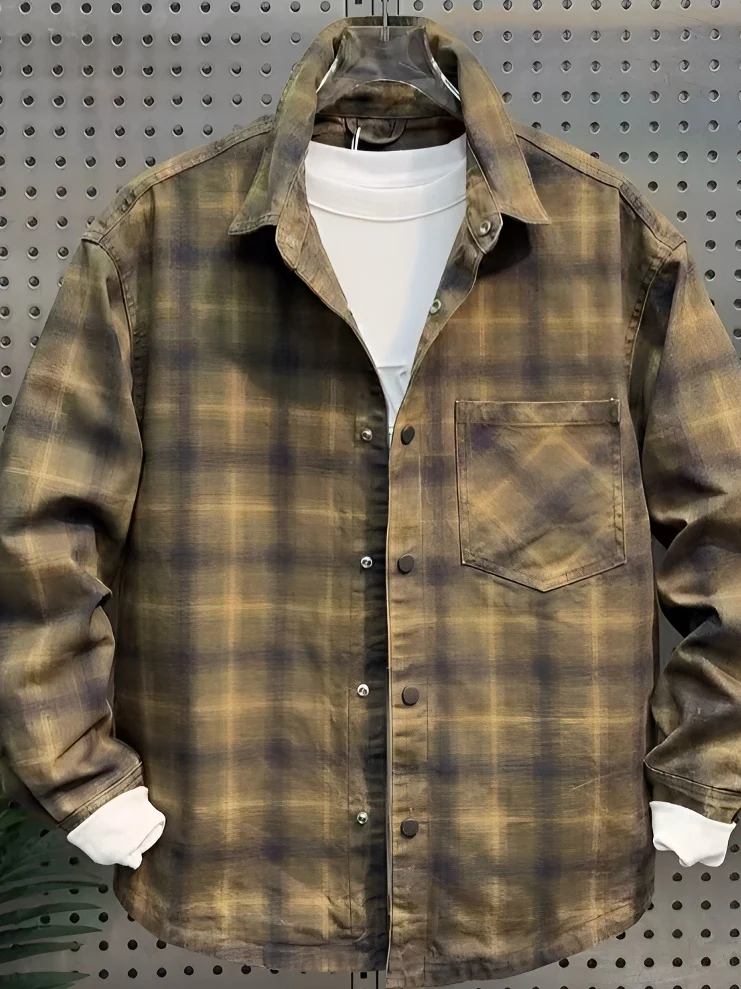 

Fall Plaid irt Jaet Men's Casual Haome Loose Long Sve Top Vintage Sle Faionable Youth Culture Polyester Mat...