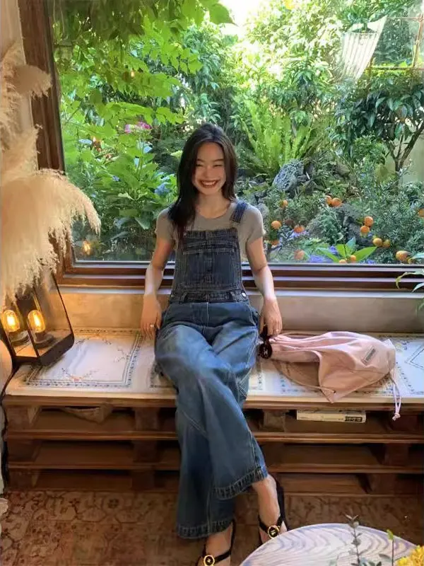 

Синие джинсовые комбинезоны, женские свободные повседневные летние джинсы, широкие прямые брюки, длинные брюки с высокой талией, модные