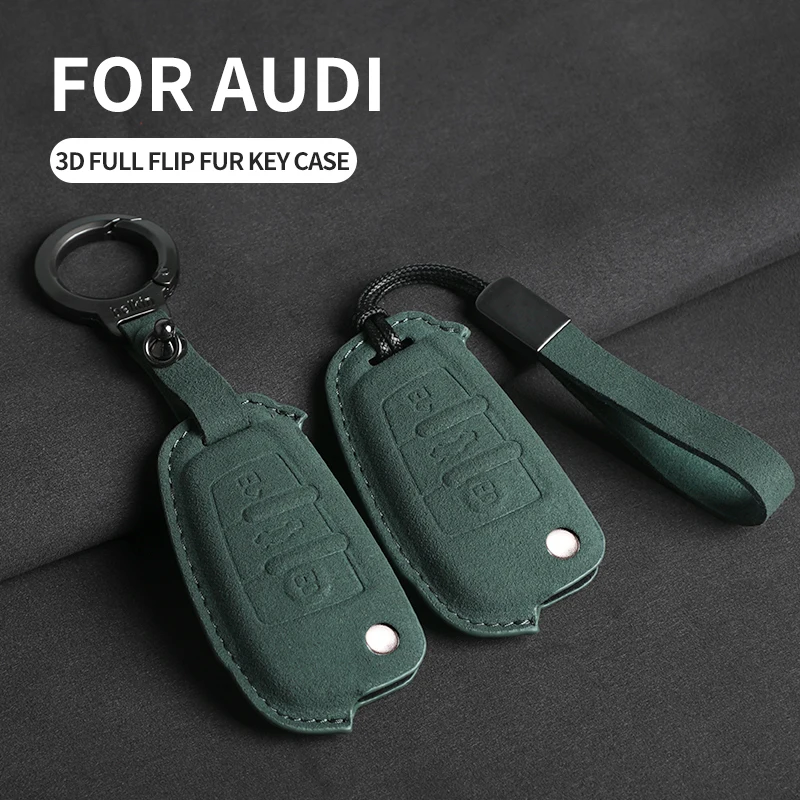 Suede Leather Car Flip Key Case Cover Shell For Audi A1 A3 A4 A6 TT Allroad Q3 Q7 R8 S6 SQ5 RS4 2018 Car Key Fob Keychain