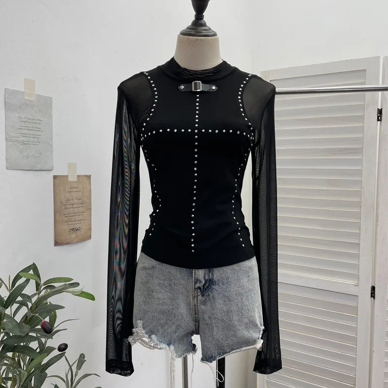 

Black Rhinestone Mesh Long Sleeve T Shirt Women Sexy See Through Slim Fit Top y2k clothes
