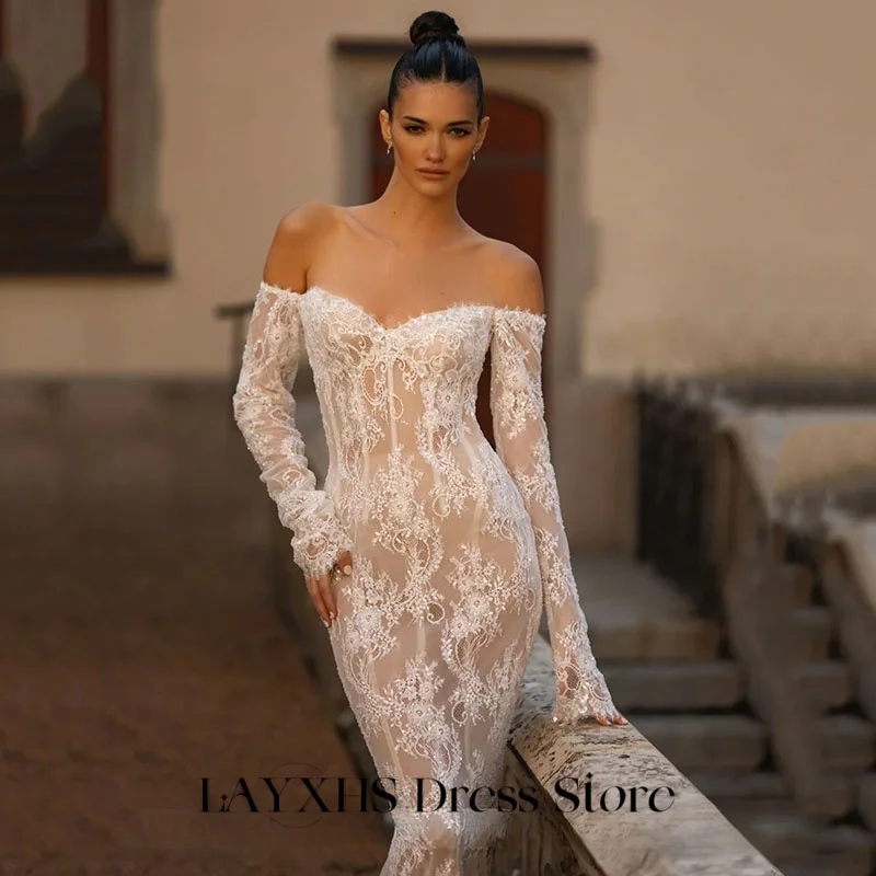 LAYXHS Vestidos de casamento sexy fora do ombro rendas mangas compridas sereia vestidos de noiva personalizados hochzeitspartykleid