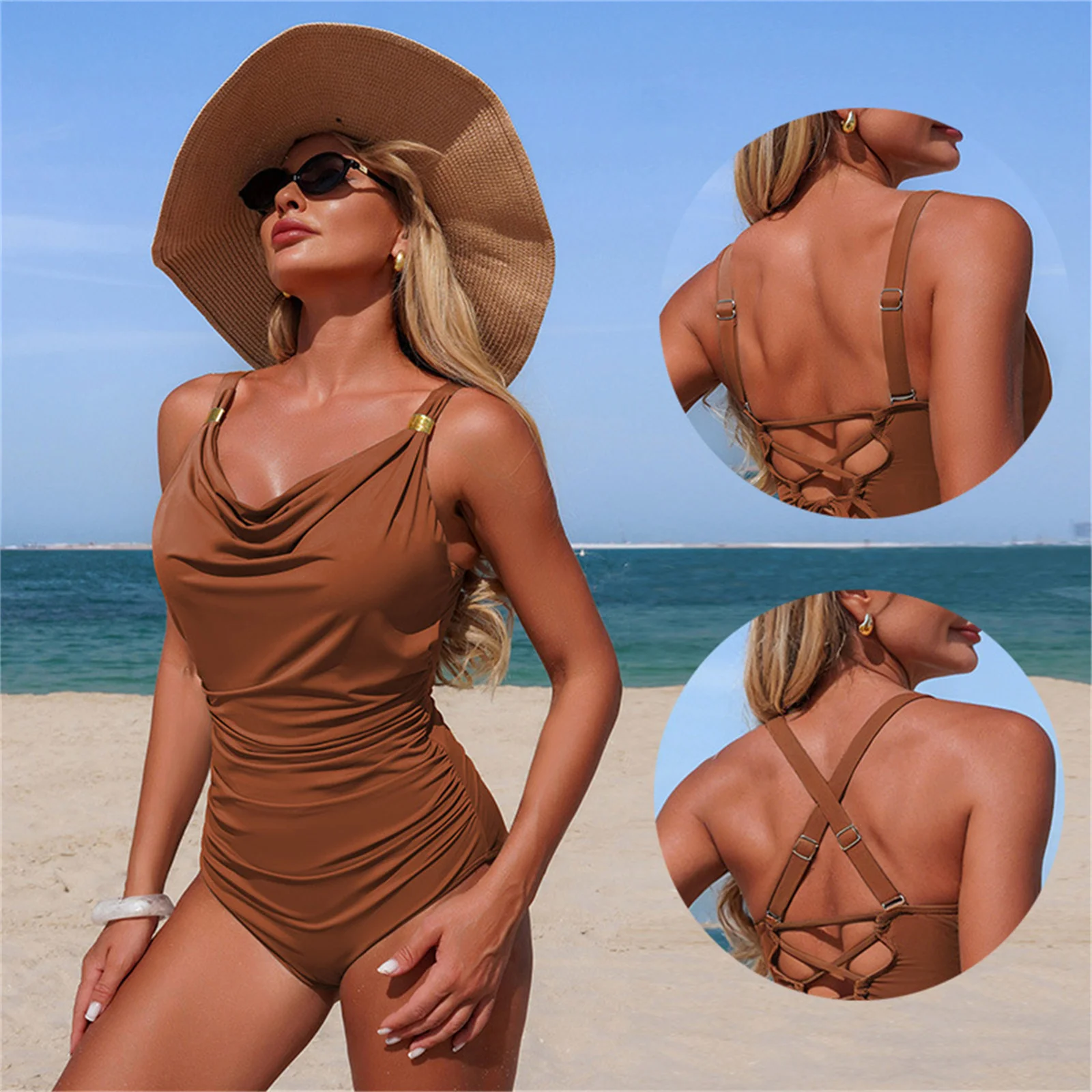 Solid Color Swimsuit Summer Cowl Neck Adjustable Straps Crisscross Back Tummy Control One Piece Beach Athletic Bathing Suit
