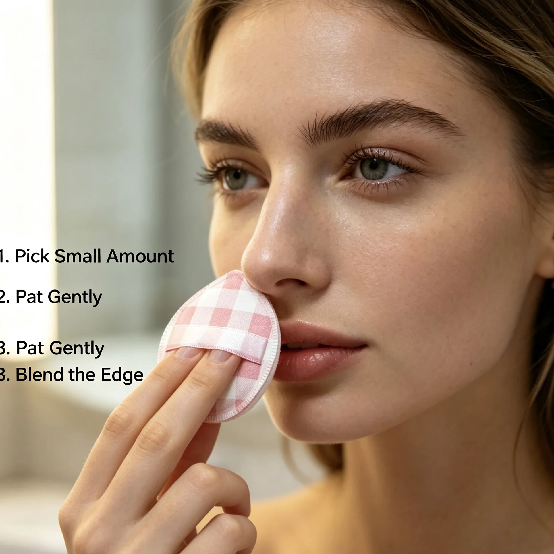 White checkered water-drop-shaped cushion powder sponge, a makeup tool for quick application without absorbing powder.
