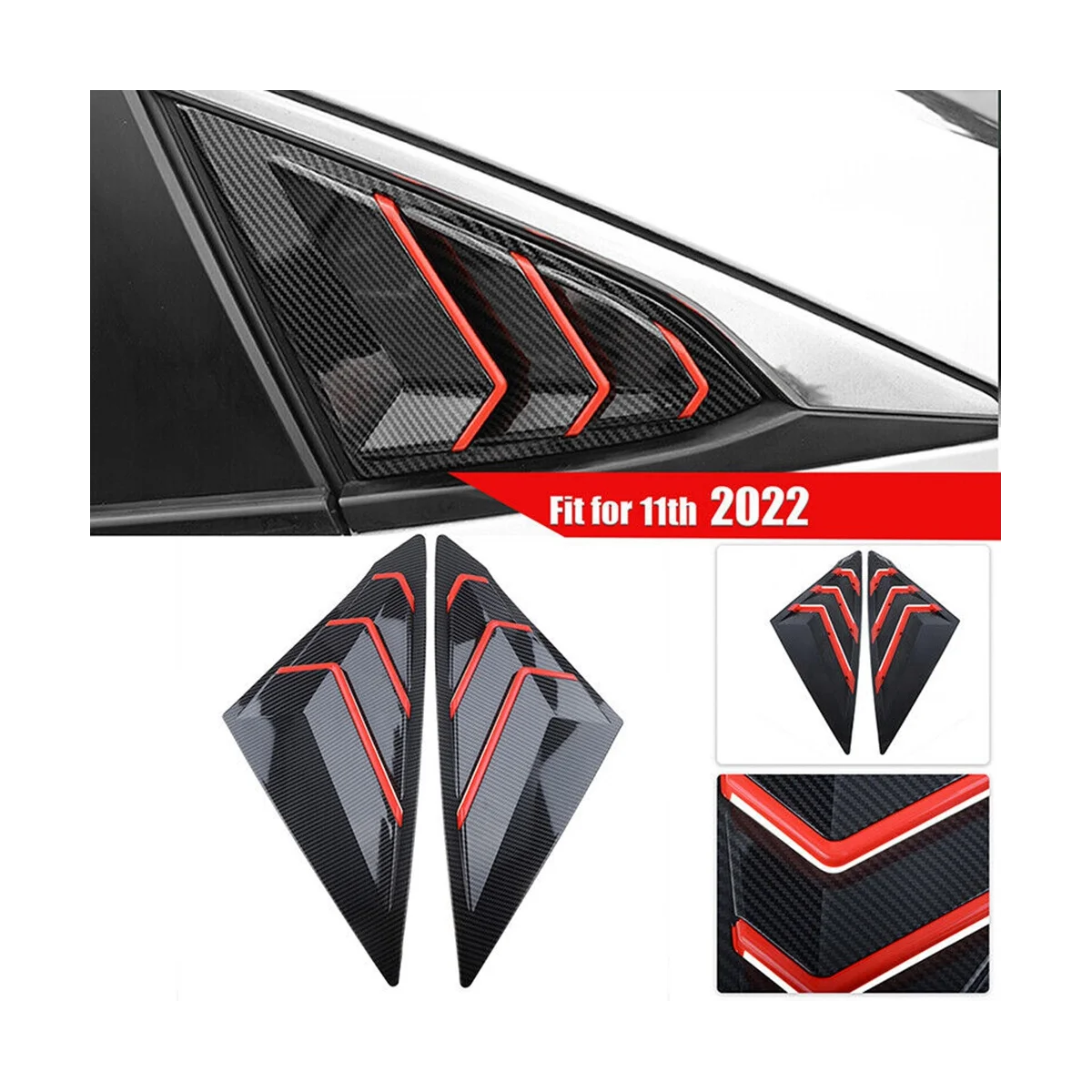 For 2022 2023 Sedan Rear Side Vent Quarter Window Louver Shutter Cover Carbon Fiber+Red