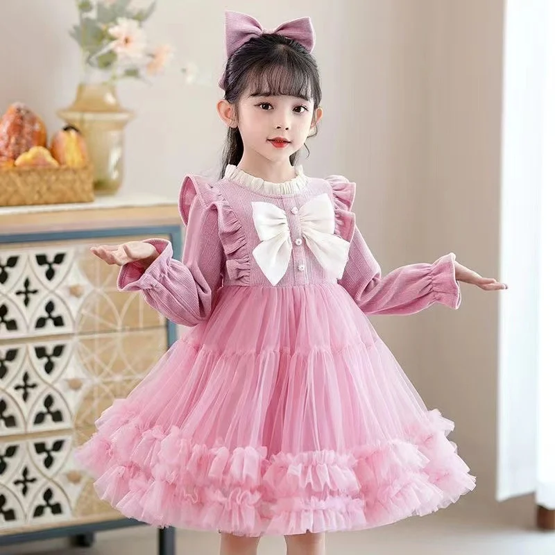 Princess Corduroy Dress Girls Autumn Winter Bow Mesh Gown Children Wedding Birthday Party Tulle Vestidos Kids Fashion Clothing