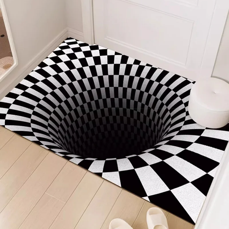 3D Stereo Illusion Effect Entrance Carpet Black White Abstract Plaid Door Mat Minimalist Creative Rug Easy To Care for Foot Mats