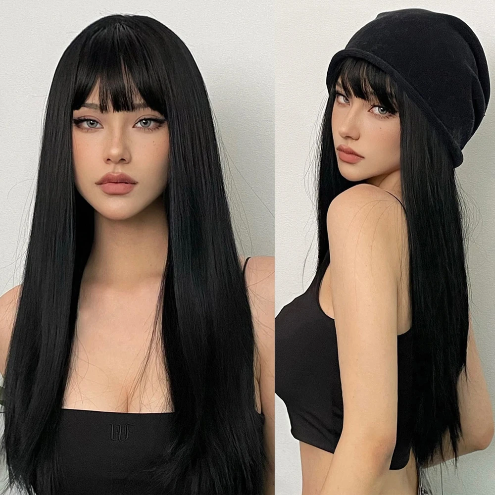 

Black Lolita Wigs for Women Long Straight Synthetic Fiber Wig with Bangs Natural Looking Heat Resistant for Daily Cosplay Use