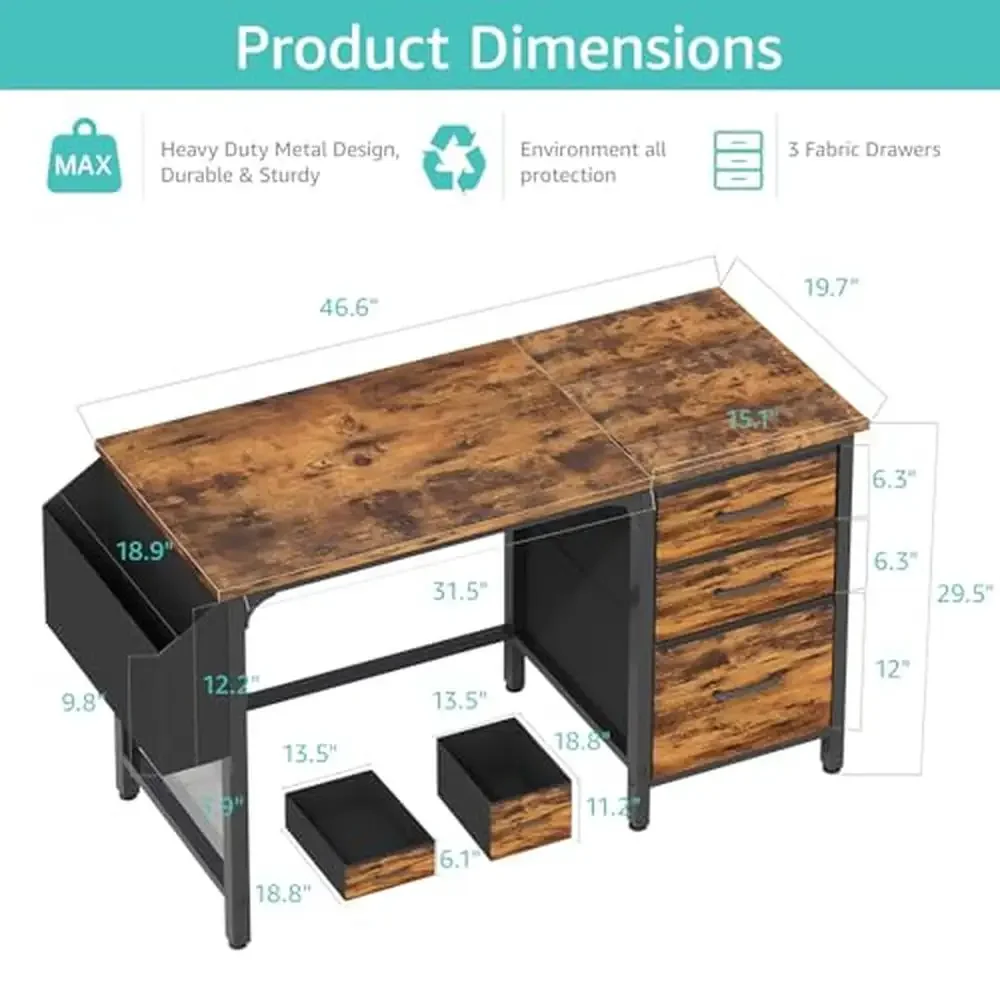 Vintage Style Computer Desk with Filing Cabinet Rustic Home Office Desk Study Writing PC Spacious Workstation Sturdy Steel Frame