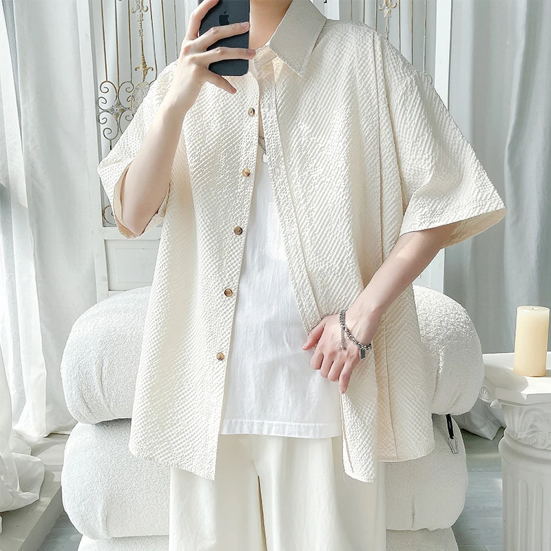 Summer Short Sleeved Shirt Men Fashion Brown Pleated Shirt Men Korean Loose Casual Shirt Mens Hawaiian Shirts Large Size 4XL