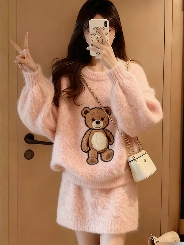 

Pink Cute Bear Pattern Plu Set Women's Winter Thi Warm Home Clothes Long Sve Sweater f Skirt Faionable Casual Sle