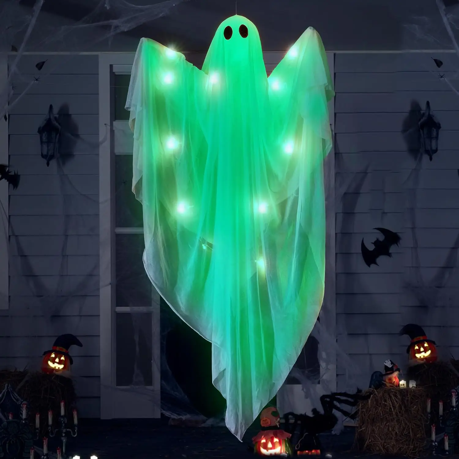 Halloween Hanging Light up Ghost with Spooky Green LED Light 47” Halloween Hanging White Ghost Decoration for Front Yard Patio Lawn Garden Party Decor Indoor Outdoor