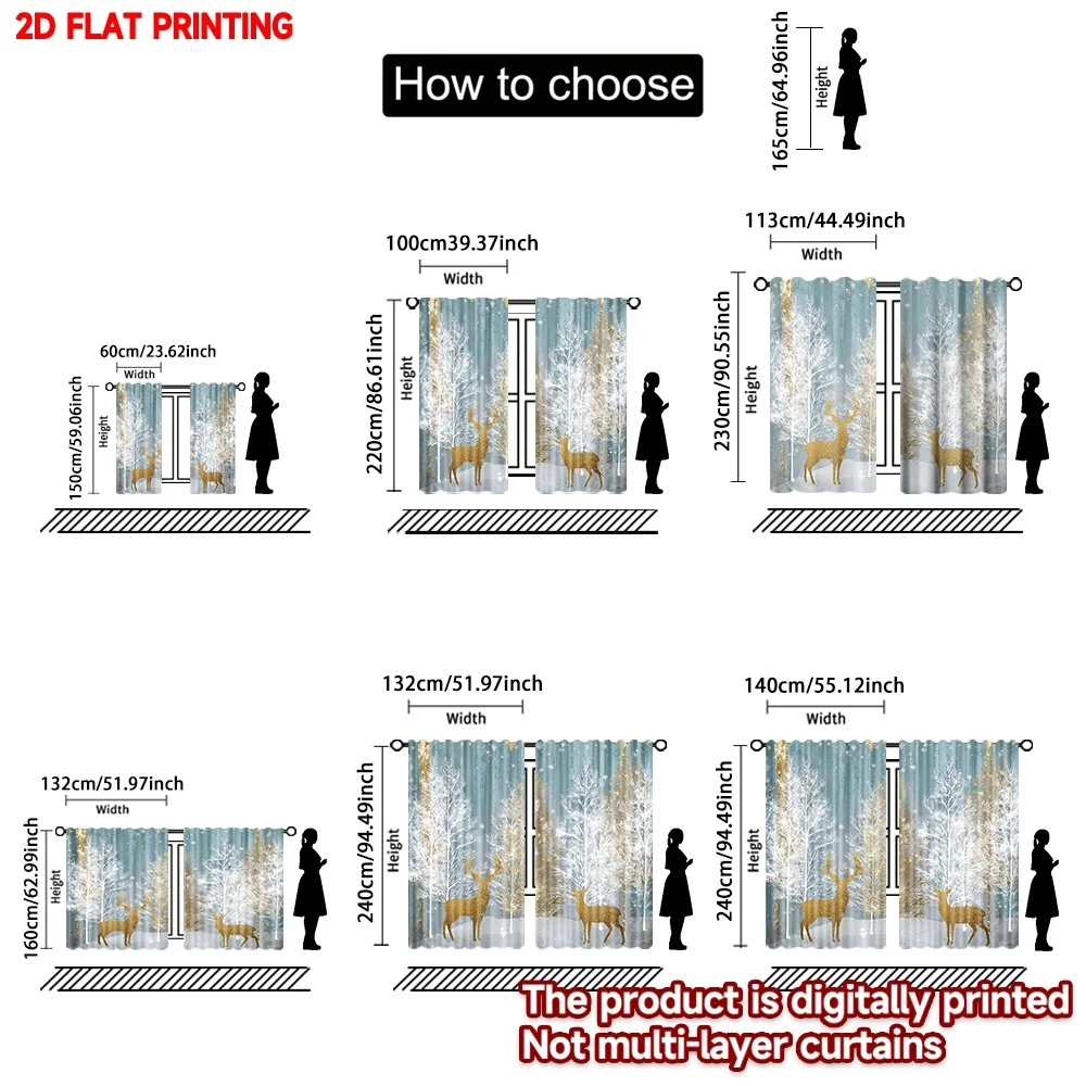 2D الطباعة المسطحة 2 قطعة ستائر الحفلات الثلج الذهب والأبيض الصنوبر الغزلان عيد الميلاد الرقمية المطبوعة البوليستر الستائر كل موسم #3