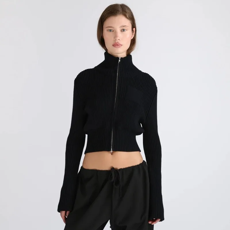 Tuularose femmes nouveau Cardigan mode solide col haut fermeture éclair tricot Cardigan 2026 décontracté Streetwear mince élégant femme pull