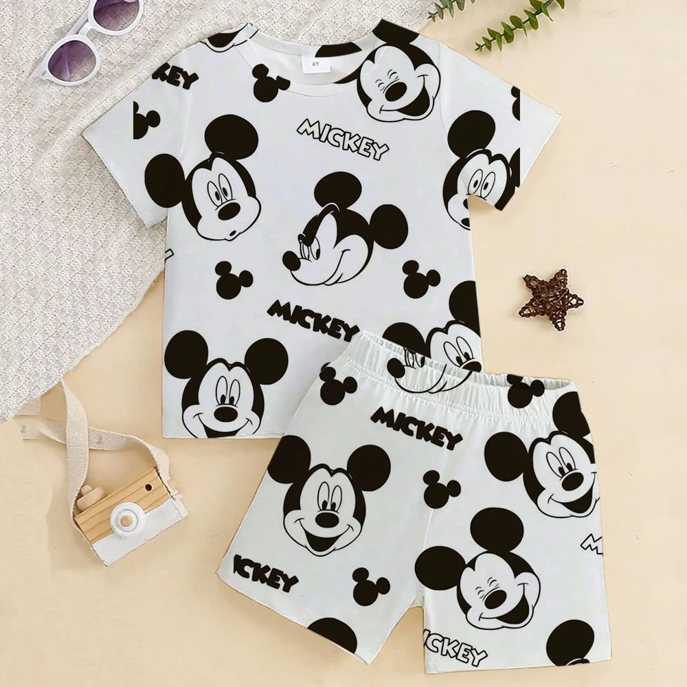 

Mickey Mouse Disney Kid Top Age 3-12 Boy black Girls red Tee Children T-shirts Shorts Set 2pcs Print Summer fashion Clothes