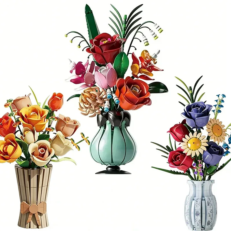 send Friends Rose Building Blocks Creative Model Flower Pot Decorative Bouquet Model Toy For Adult Valentine's Girl Holiday Gift