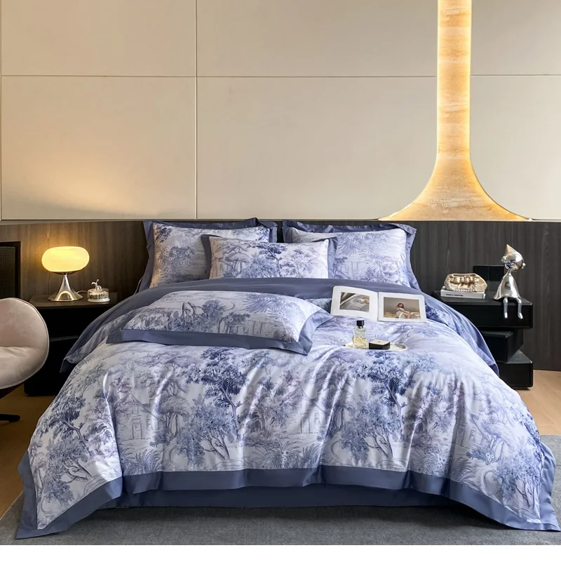 Blue Forest Digital Printing Egyptian Cotton Cotton Bedding Set Duvet Cover Linen Fitted Sheet Pillowcases Home Textile