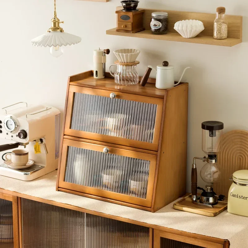 Desktop coffee cup storage box mug tea set shelf water cup cosmetics shelf solid wood bamboo with lid