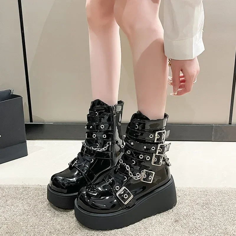 Fashion Big Size 40 Black Gothic Motorcycle Boots Zip High Heel Punk Rivets Chunky Platform Mid-Calf Women Boots Shoes Women