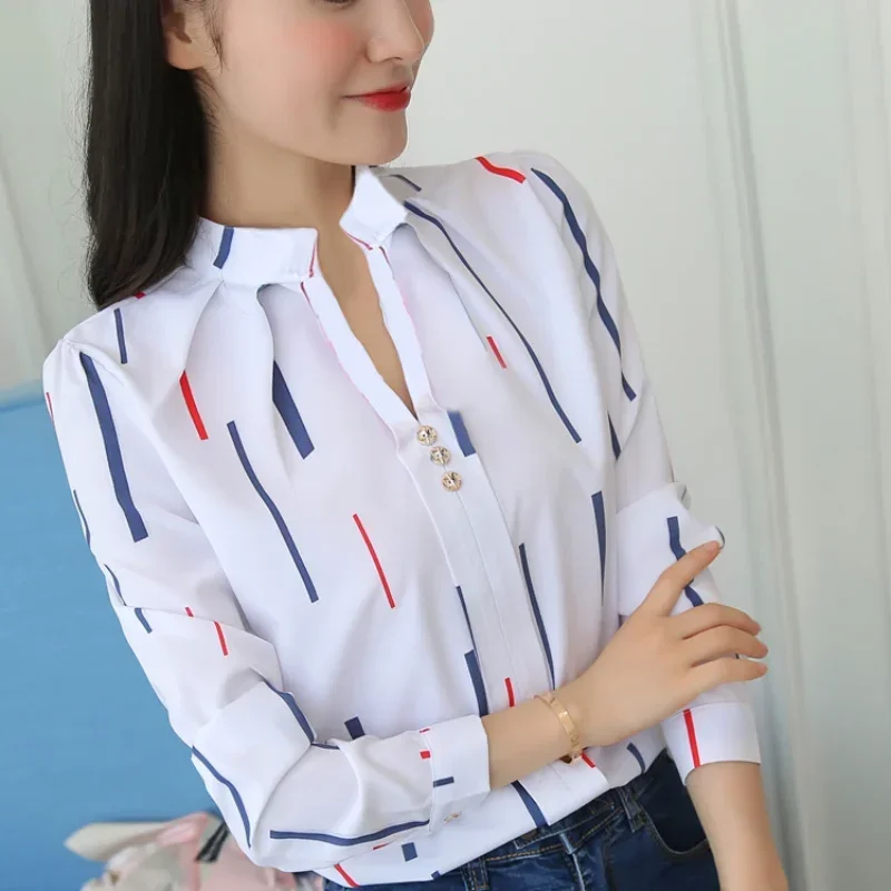 Women\'s Blouses Office Lady OL Work Shirts Long Sleeve Women Tops Fashion Casual White Stripe Print Female Slim Shirt