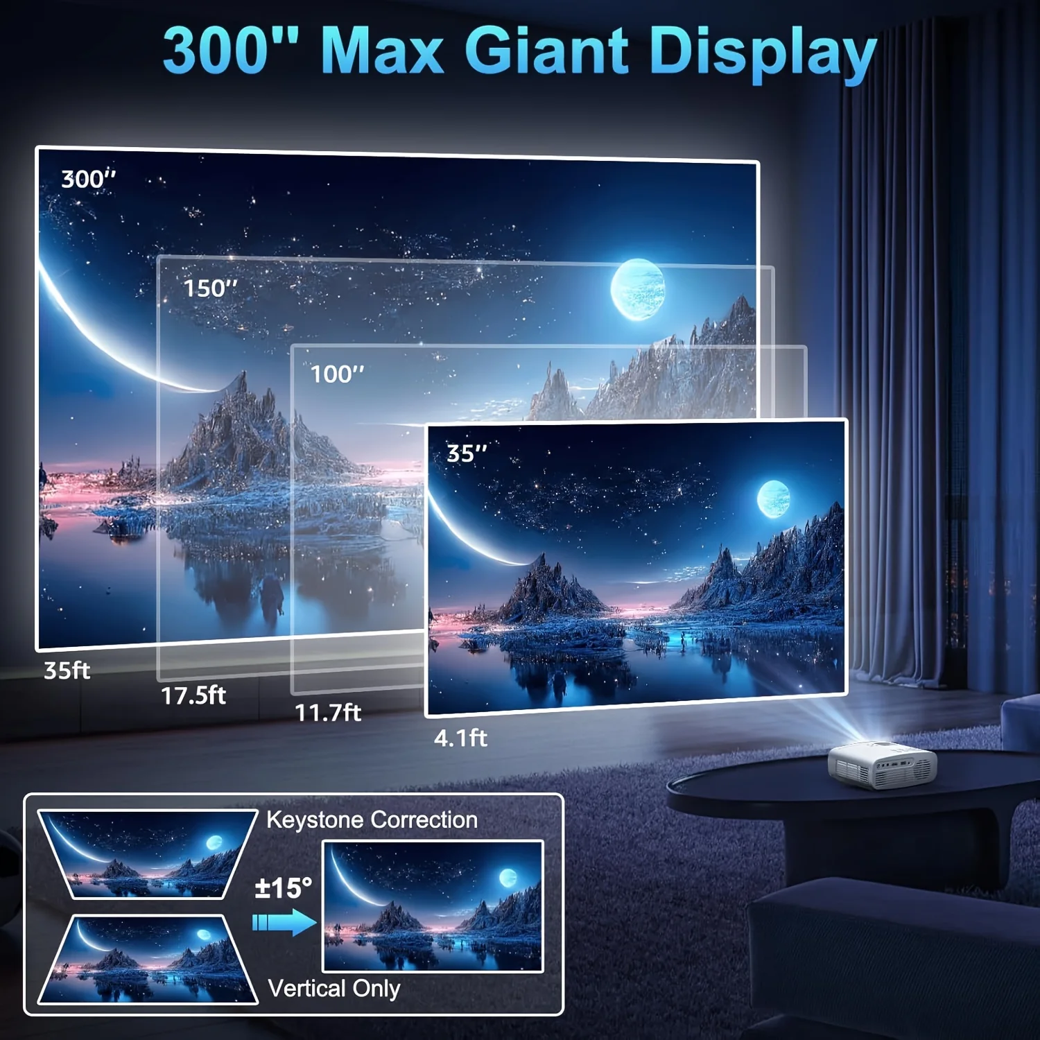 جهاز عرض فيديو محمول 300ANSI، يدعم 1080P الأصلي 4K، WiFi 6، لاسلكي 5.0، 180 °   دوران شاشة قابل للتعديل