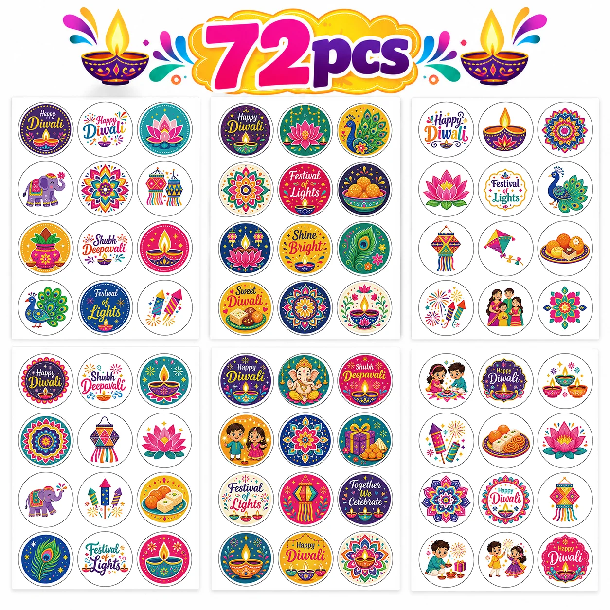72pcs Diwali stickers, round 