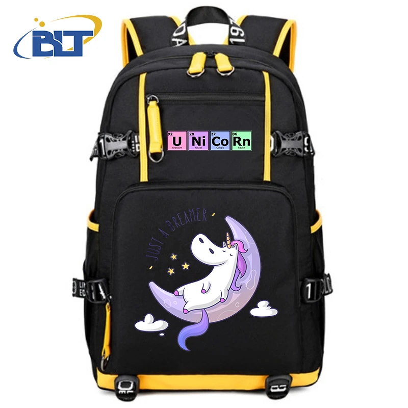 Mochila Impressa Unicórnio para Meninas, Mochila Estudantil do Campus, USB Outdoor Travel Bag, Kids Gift