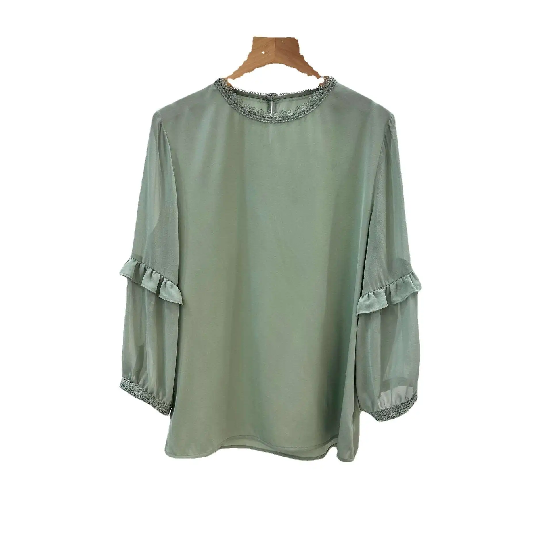

Spring New Heavy Silk irts for Women round Collar Long Sve Agaric Sle Ladies Premium Faion Silk irt