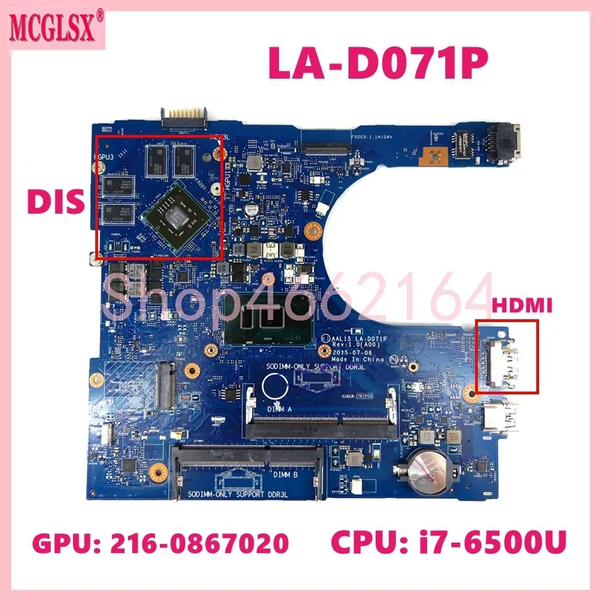 LA-D071P With i3/i5/i7-6th Gen CPU Notebook Mainboard For Dell Inspiron 5559 5759 5459 3559 Laptop Motherboard 100% Tested OK