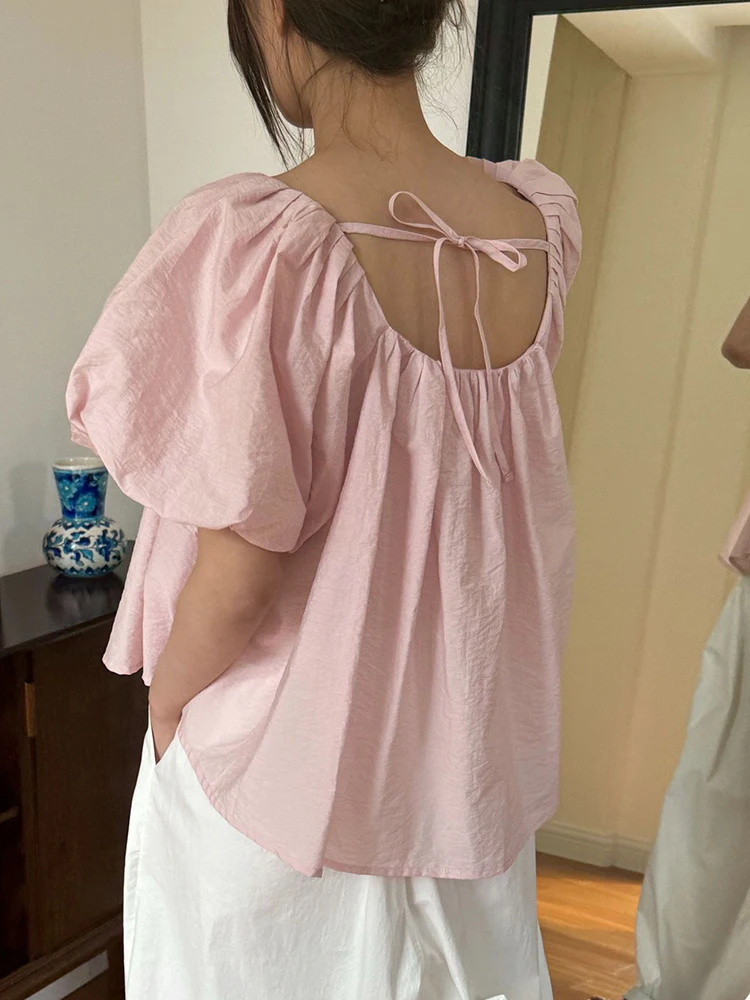 [LANMREM] Puff Sleeve Design Pullover Shirts For Women Round Neck Backless Loose Short Blouses 2024 Summer New Tops 26D9261
