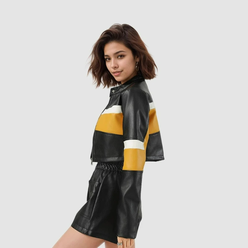 2026 Nuova giacca in pelle sexy europea americana patchwork in pelle PU con blocco sottile corto cappotto in pelle da motociclista alla moda per le donne