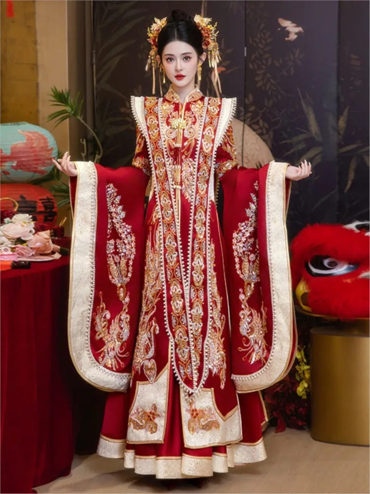 

Satin phoenix crown and red wedding dress complete set of Hanfu Chinese-style large size