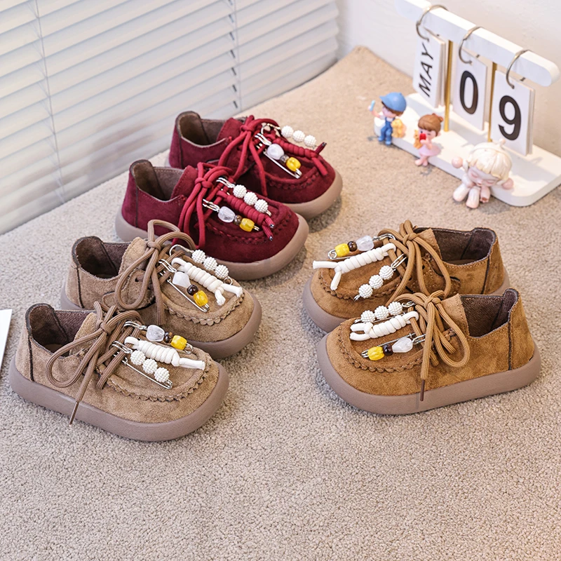 Children's Flats Shoes 2025 New Round Toe Lace-up String Bead Loafer Girl Leisure Retro Style One Kick Spring Autumn Single Shoe