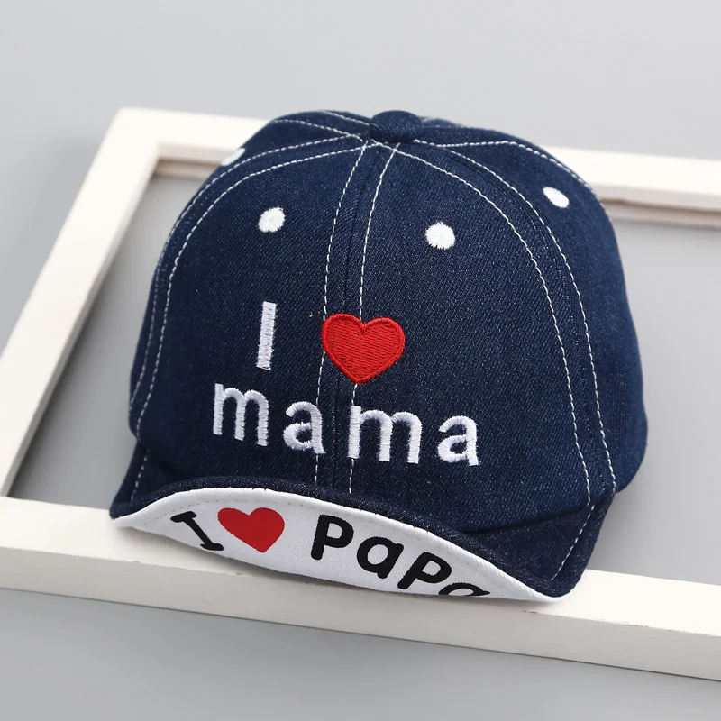 Spring Summer Baby Hat Baby Girls Boys Denim Baseball Cap 1 Years 2 Years Kids I Love Mama and Papa Flat Cap Children Sun Hat