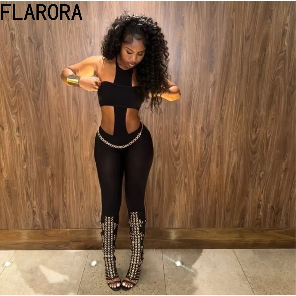 FLARORA Sexy croix dos nu 2 pièces ensembles femme sans manches bustiers et licou pantalon slim tenues Mindnight fête Clubwear nouveau