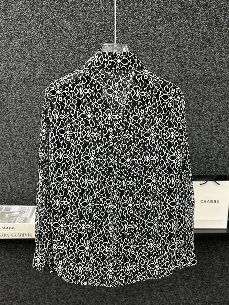 Summer Korean Style Men's Loose Lace Design Thin Sheer Mesh Black and Red Patterned Sun Protection Long Sleeve Shirt