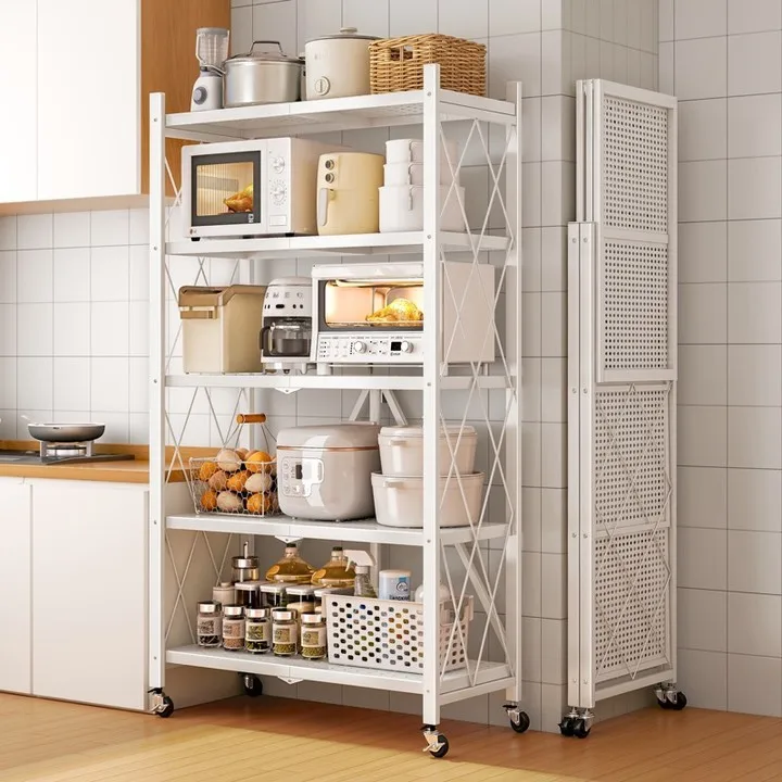 Multi-Layer Foldable Storage Shelf No Assembly Rolling Shelving Unit with Wheels 3/4/5 Tier Metal Organizer Rack Organizer