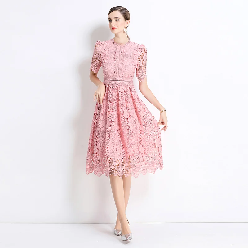 Quality Hollow Out Lace Embroidery Prom Dress Women Short Sleeve Slim High Waist French Vintage Floral Midi Party Vestidos
