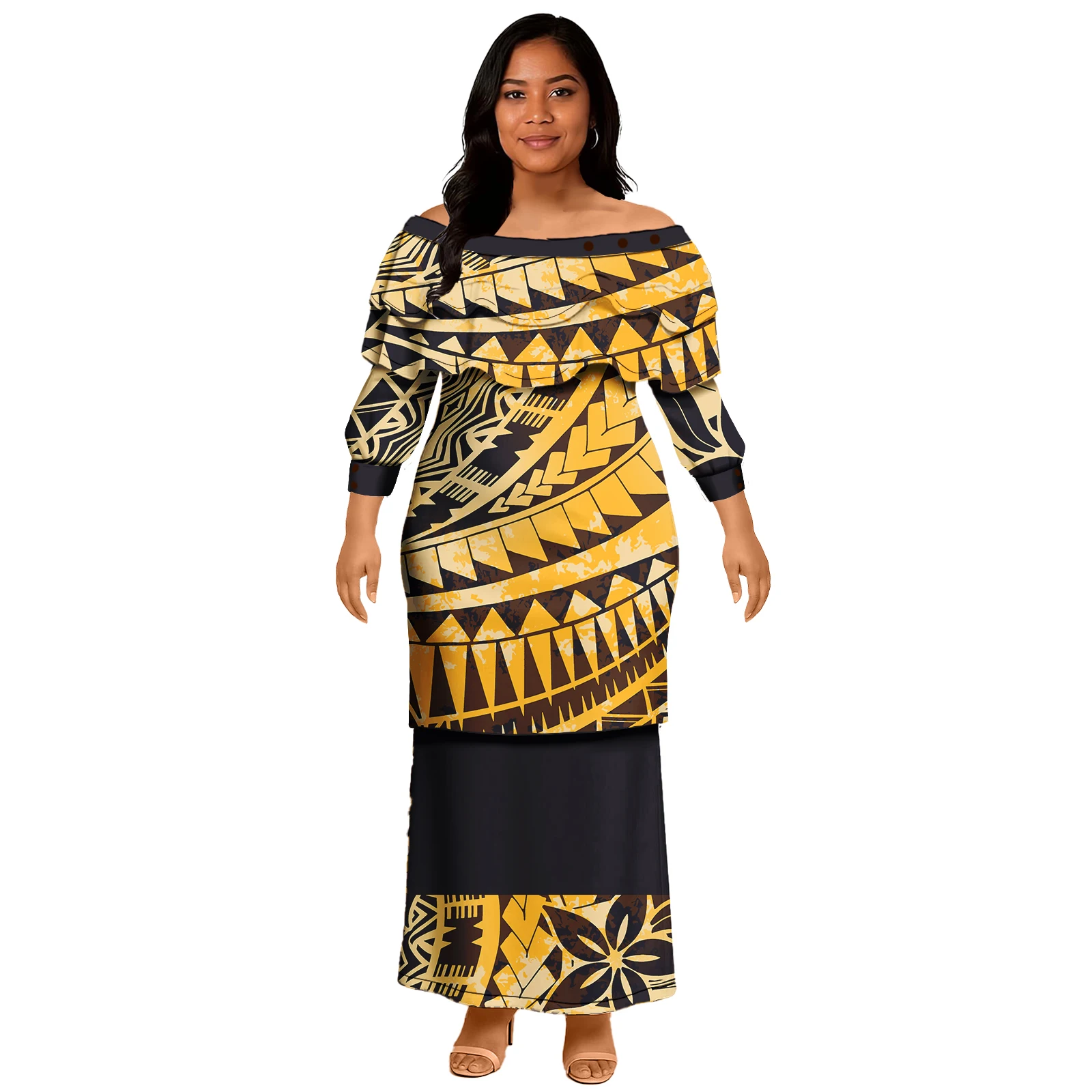 

Уютное женское длинное платье с гавайским принтом плюмерии, одежда для церкви в самоанском стиле, элегантный полинезийский пулетаси, комплект из 2 предметов