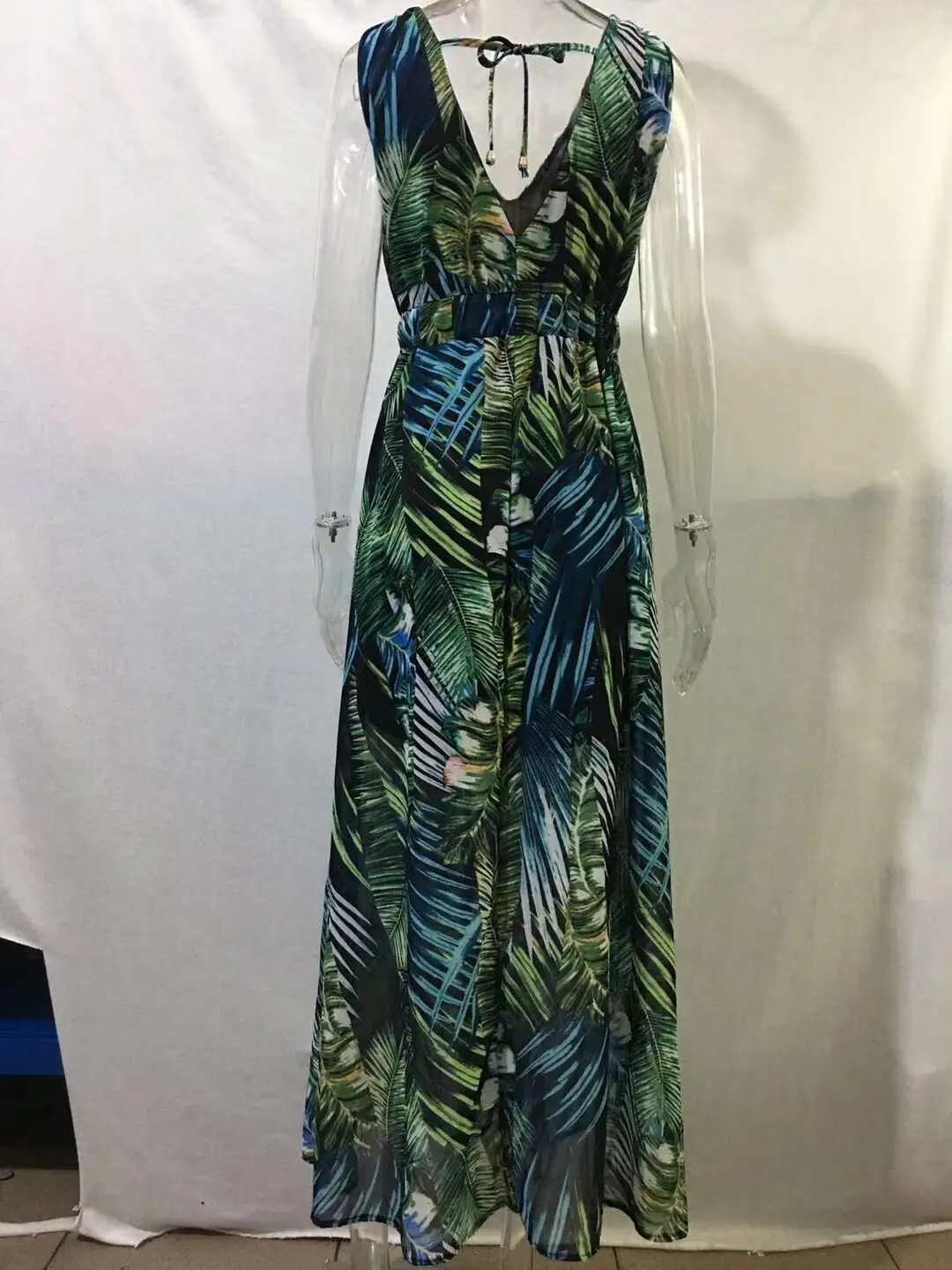 Women Feather Floral Print Loose Boho Maxi Long Dress Summer Deep V Neck Backless Bandage Beachwear Sundress TCFS-1063