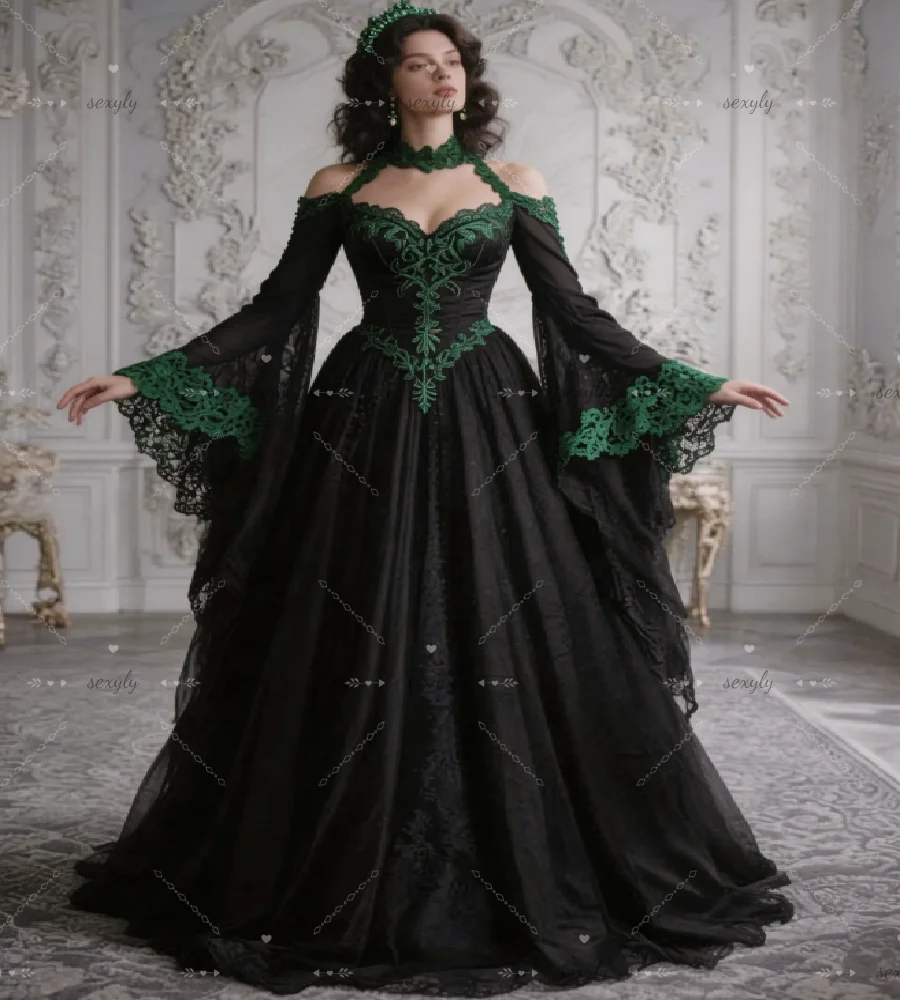 Mystical Black With Green Lace Gothic Wedding Dress 2026 Flare Sleeves Bohemian Forest Country Bridal Gowns Celtic Renaissance