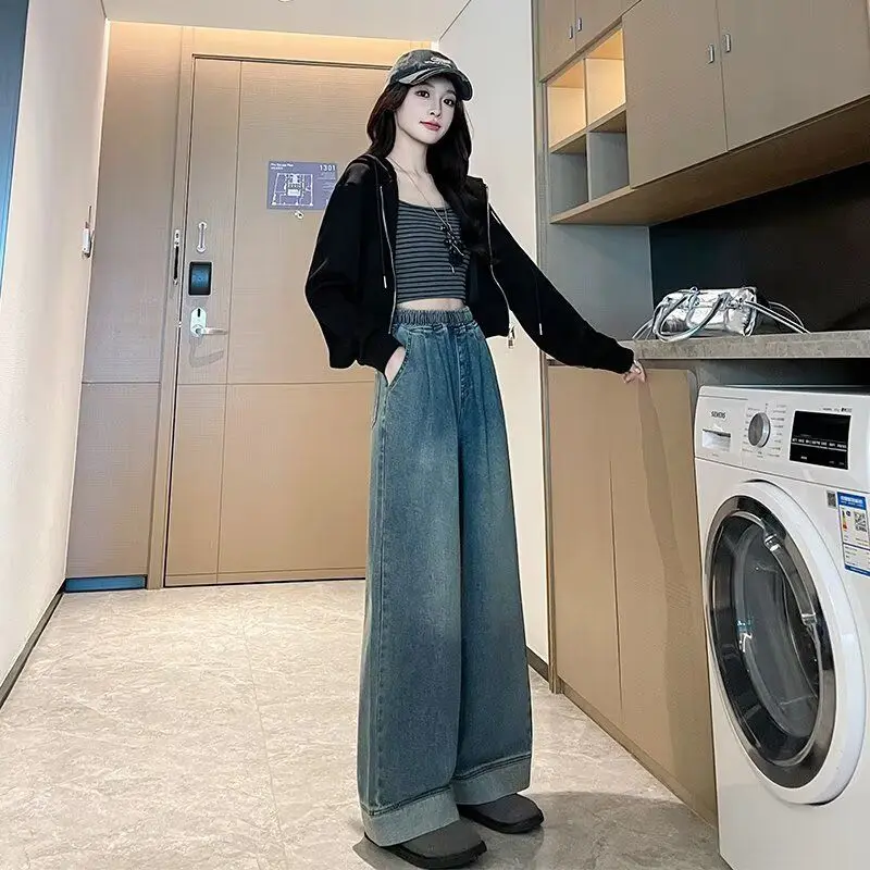 

Летние синие джинсы с широкими штанинами для женщин, больших размеров, с высокой талией, свободные, прямые, длиной в пол, повседневные брюки